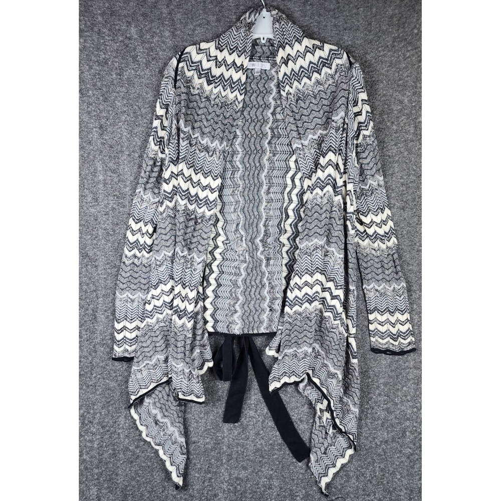 Jennifer Lopez Cardigan Womens L Chevron Pointelle Black White Back Tie EUC